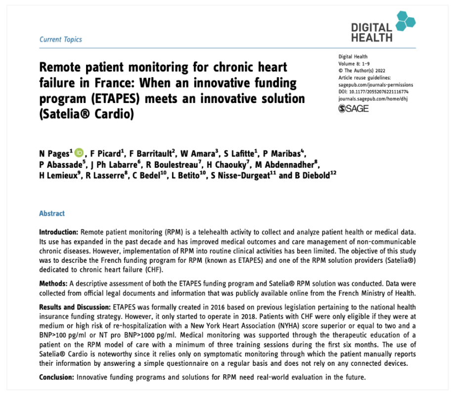 Etude présentant la solution de télésurveillance Satelia Cardio et de son programme de financement ETAPES
