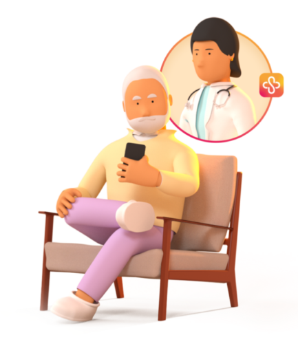 Illustration patient télésuivi à domicile dans son fauteuil par son cardiologue via Satelia