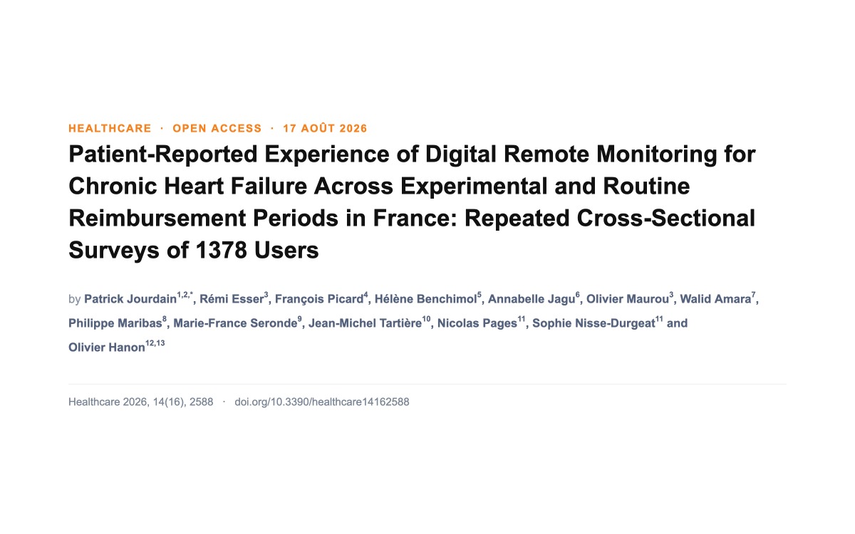 Publication Healthcare 2026 – Expérience patient de la télésurveillance de l’insuffisance cardiaque Bandeau de la publication Healthcare 2026;14(16):2588 : titre de l'étude sur l'expérience rapportée par 1 378 utilisateurs de Satelia Cardio et liste des auteurs, de Patrick Jourdain à Olivier Hanon
