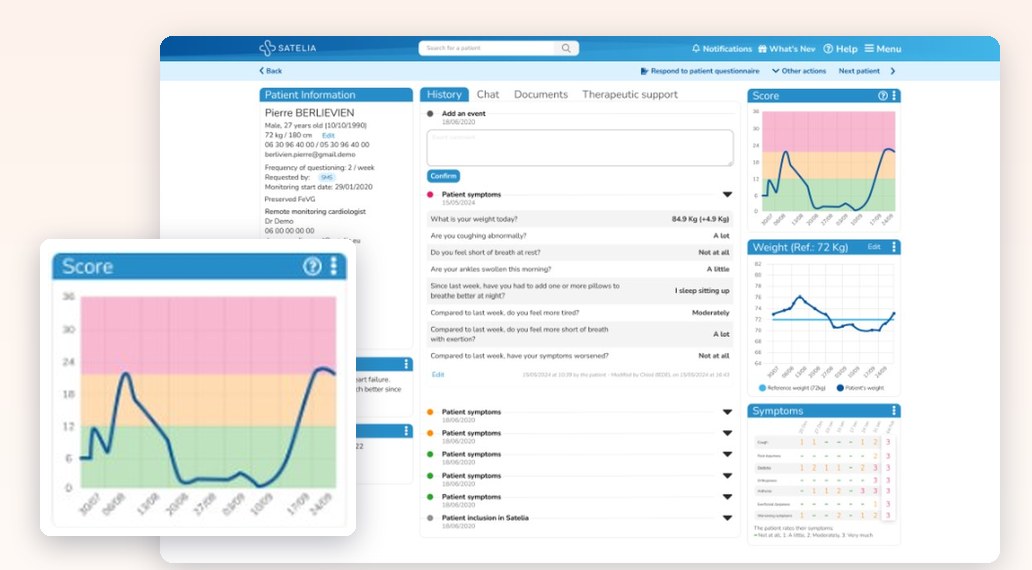 Satelia® Cardio clinician interface: patient record, risk score and weight curve