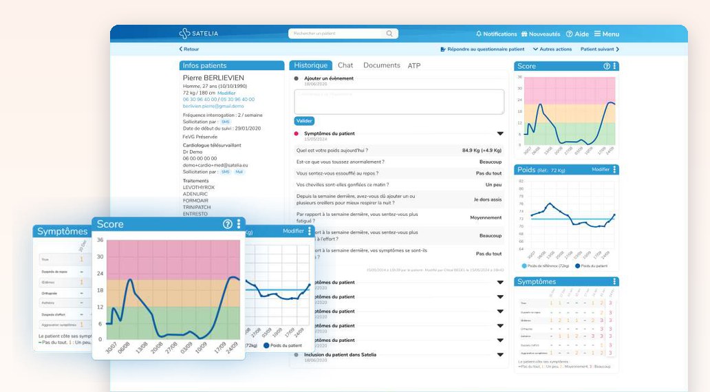 Interface soignant de Satelia® Cardio : dossier patient, score de risque et courbe de poids