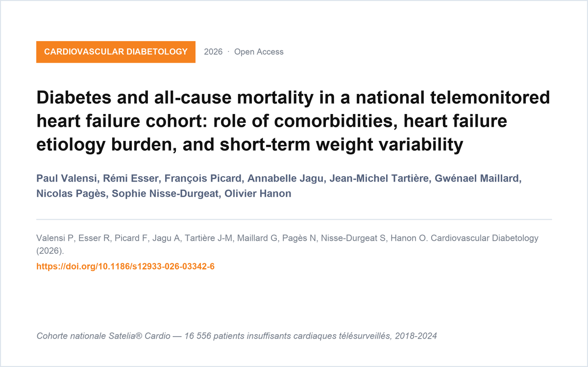 Valensi P et al., Cardiovascular Diabetology 2026 — cohorte télésurveillée Satelia® Cardio En-tête de la publication Valensi et al., Cardiovascular Diabetology 2026, sur le diabète et la mortalité dans une cohorte nationale d'insuffisants cardiaques télésurveillés